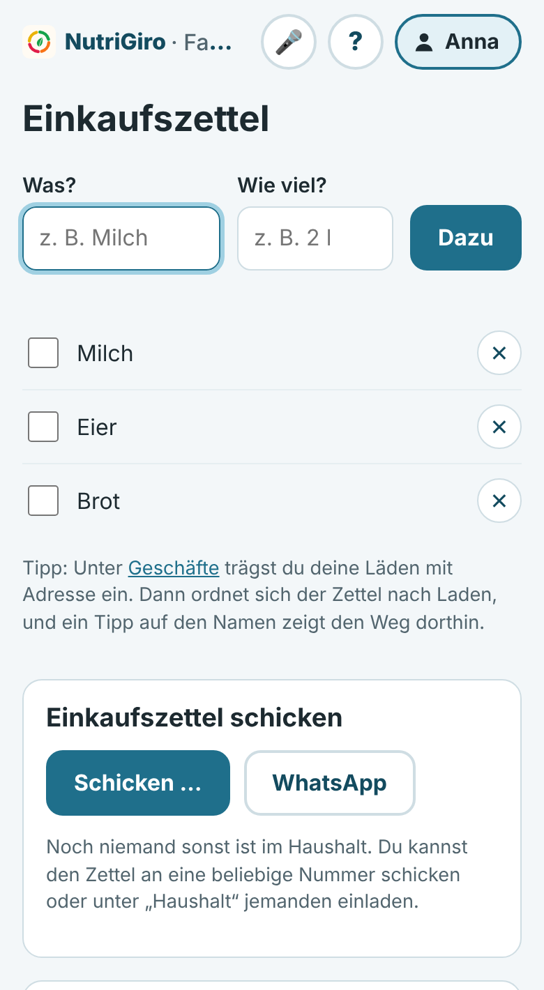 Einkaufszettel in NutriGiro