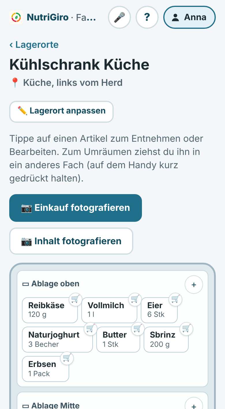 Lagerort mit Fächern in NutriGiro